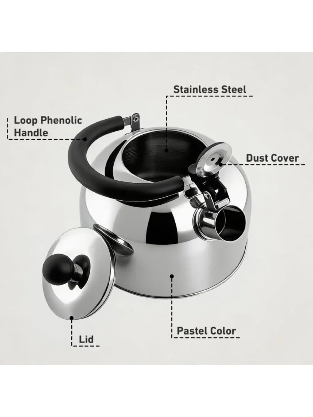 Silver Kitchen Whistling Tea Kettle 2 Quart Stainless Steel Stovetop Teapot